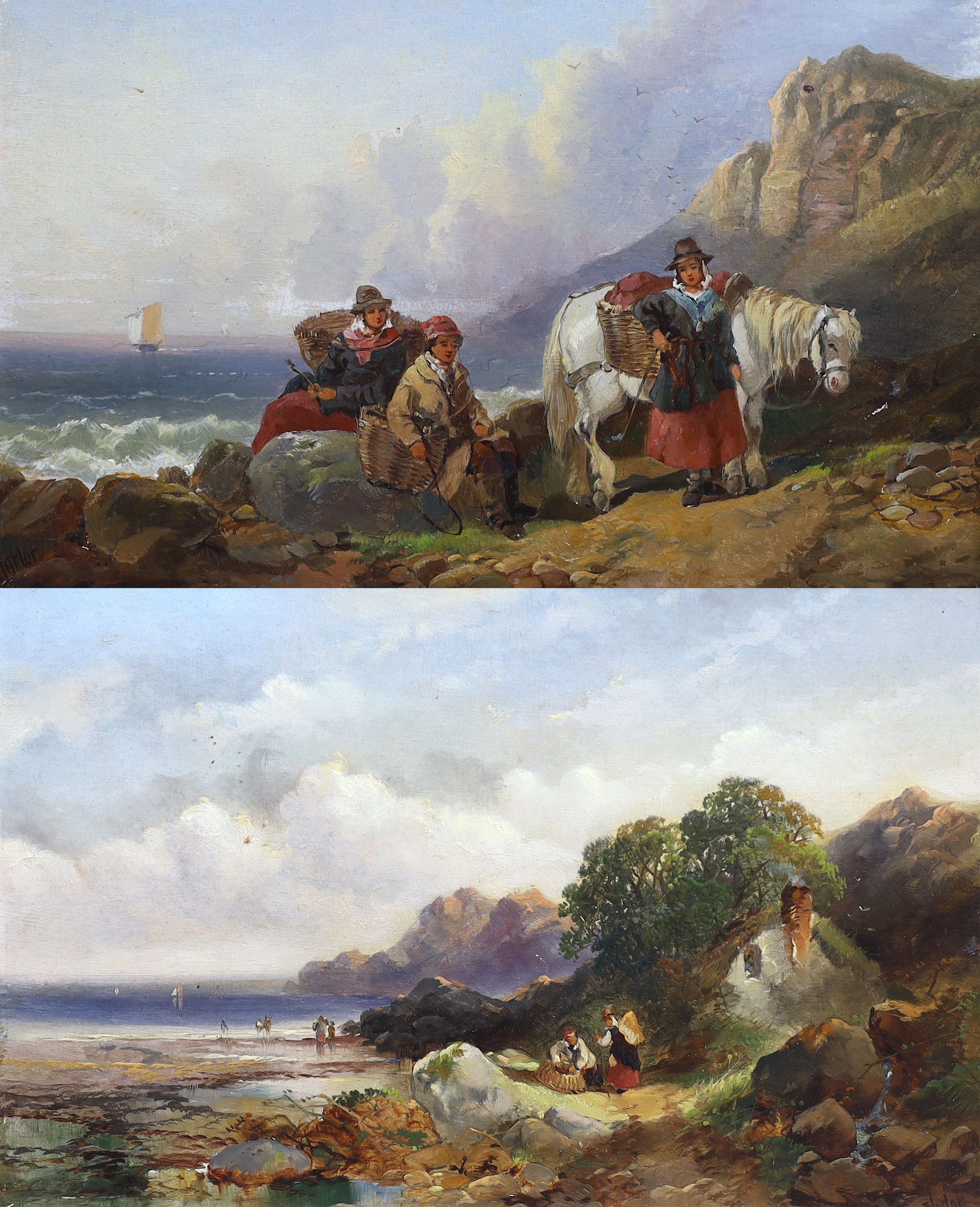 Joseph Horlor (1809-1887), pair of oils on millboard, Views of Clovelly, North Devon, signed, 20 x 30cm